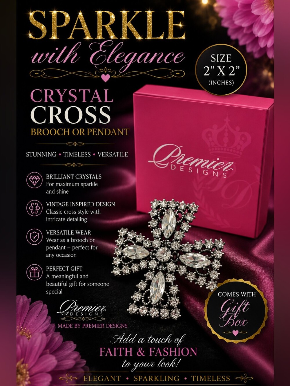 Premier Designs Silver and Crystal Cross Brooch
